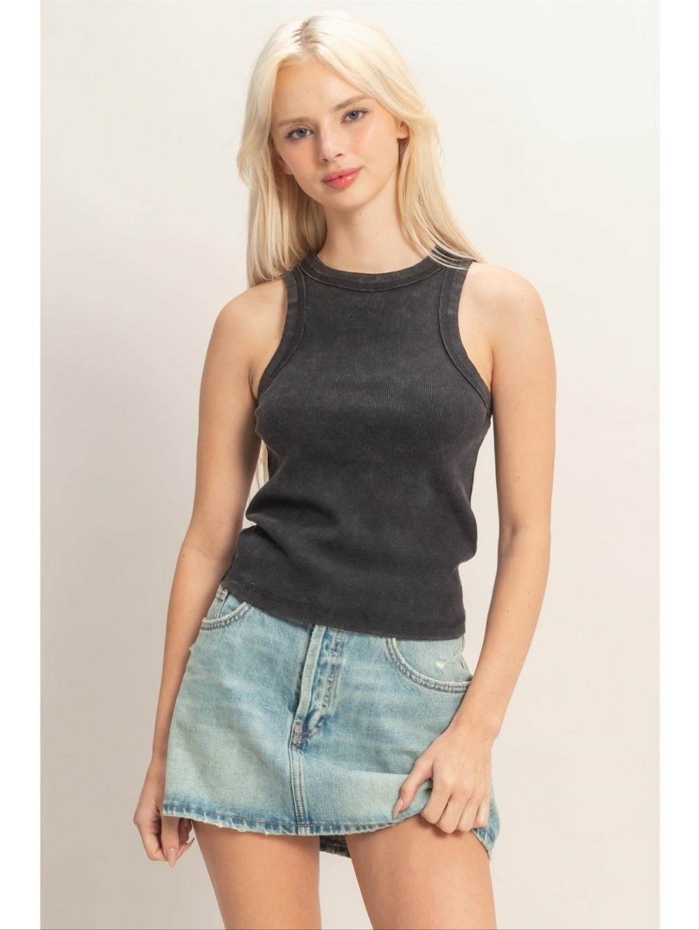 Black Acid Wash Ribbed Racer Tank Top